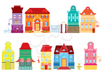 Set of Cartoons fairy tale drawing houses isolated on white background. Series separate lodge.