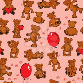 Seamless texture with teddy bears, hearts and balloons on pink background
