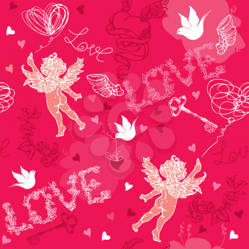 Valentines Day seamless pattern with Cupid, hand drawn hearts, keys and birds on red background.