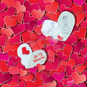 Seamless pattern with Red hearts confetti and two big paper hearts with hand drawn illustration. Valentine's day or Wedding background.