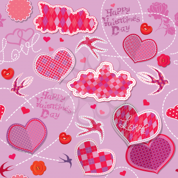 Valentines Day seamless pattern with hearts, clouds and birds are made of checkered fabric on purple background