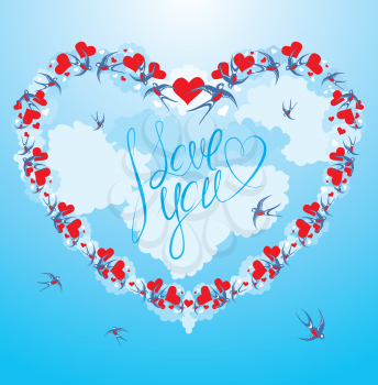 Swallows and hearts on sky background with clouds, calligraphic text I LOVE YOU - Valentine`s Day or Wedding card design