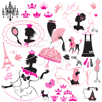 Fairytale Set - silhouettes of princess girls with accessories, crowns and pets