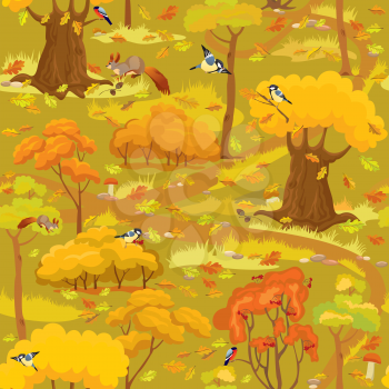 Seamless pattern - Autumn Forest Landscape with trees, mushrooms, birds and squirrels. Ready to use as swatch. 