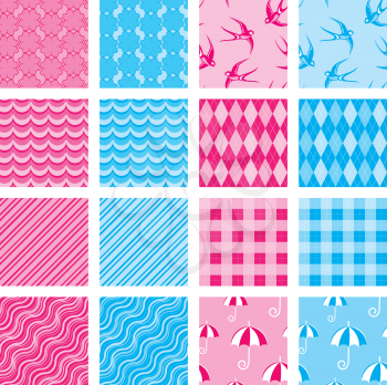 Set of fabric textures in pink and blue colors - seamless patterns for girls and boys. 