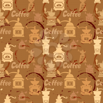 Seamless pattern with grinder, coffee stain, calligraphic text COFFEE. Background design for cafe or restaurant menu.