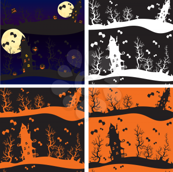 Set of seamless patterns - Halloween night: mystery house on sky background with moon.