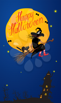 Card of Halloween night: witch and black cat flying on broom to mystery house on sky background with moon. Handwritten text HAPPY HALLOWEEN