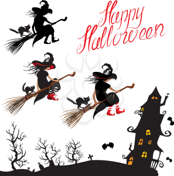 Set of Halloween elements - witch sillouette and black cat flying on broom, mystery house. Handwritten text HAPPY HALLOWEEN
