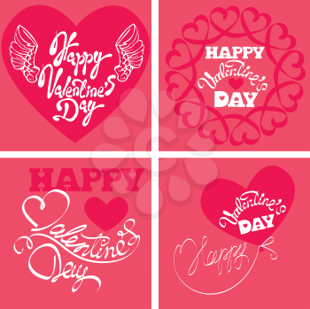 Set of 4 Holiday cards - heart and calligraphic text Happy Valentine`s Day  on pink background.