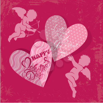 Holiday card with cute angels and hearts on grunge pink background. Handwritten calligraphic text Happy Valentines Day.