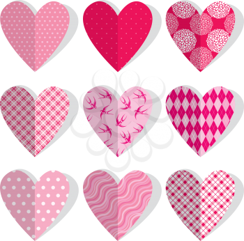 Set of patchwork vintage hearts in stitched textile style. Design elements for Valentines Day or Wedding Holidays.