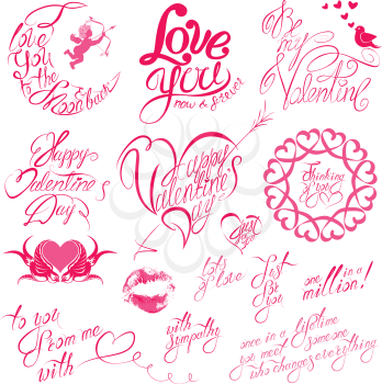 Set of hand written text: Happy Valentine`s Day, I love you, Be my Valentine, etc. Calligraphy elements for holidays or wedding design in vintage style, hearts, birds, angels. 