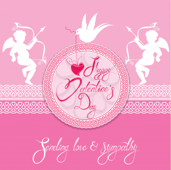 Holiday card with round lace frame, cute angels, heart and dove bird on pink background. Handwritten calligraphic text Happy Valentines Day, Sending Love and sympathy.