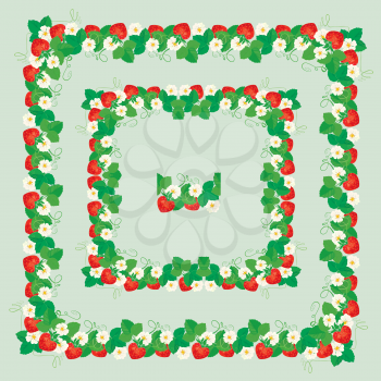 Square frames with Strawberries, flowers and leaves isolated on gray background. Repeated element for seamless ornament.