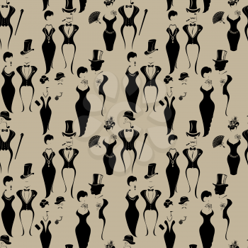 Seamless pattern with Gentleman and Lady symbols, vintage style, black silhouette on brown background. Retro design.