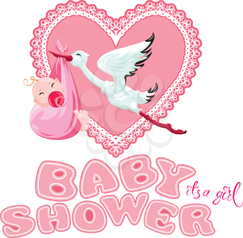 Baby shower, card, invitation, etc. Stork with girl, pink lace heart and letters, isolated on white background. 
