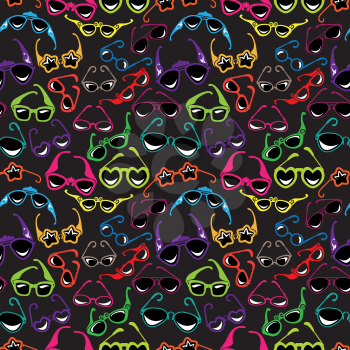 Seamless pattern with Colorful sunglasses icon isolated on black background. Background for summer, vacation, travel design.