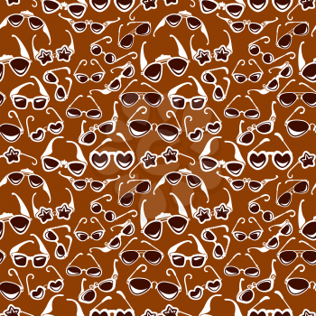 Seamless pattern in retro style with sunglasses icon isolated on brown background. Background for summer, vacation, travel design.