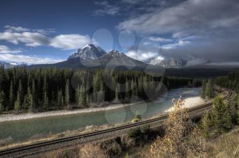 Bow River and Train Tracks near Lake Louise Alberta Canada