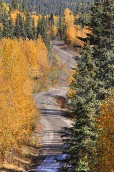Autumn colored trees along mountain road in British Columbia
