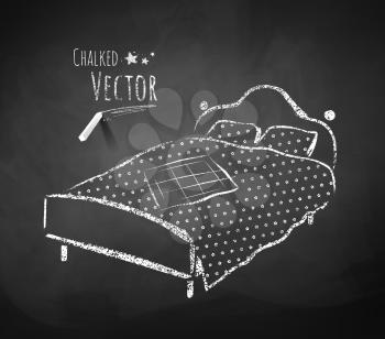 Chalkboard drawing of bed. Vector illustration. Isolated.