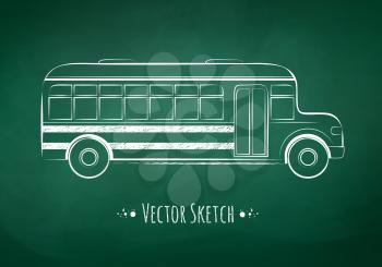 Chalkboard drawing of a school bus on green school board background. Vector illustration.