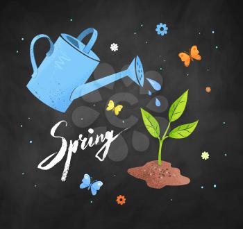 Gardening vector illustration with watering can and growing sprout on black chalkboard background.