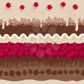 Sweet cherry cake dessert with cream and chocolate, seamless pattern, vector grunge background.