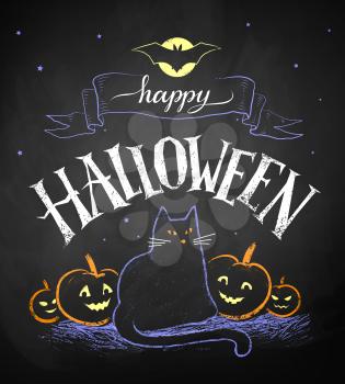 Vector color chalk drawing of Happy Halloween postcard with black cat and pumpkins on chalkboard background.