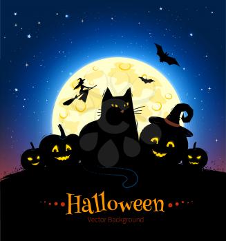 Happy Halloween vector background with moon, black cat and pumpkins.
