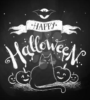 Vector chalk drawing of Happy Halloween postcard with moon, black cat and pumpkins on chalkboard background.