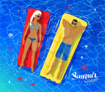 Vector top view illustration of young couple on vacation floating on pool rafts on sea water.