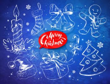 Christmas vintage line art vector set with festive objects and red lettering banner on dark blue grunge background with sparkles.