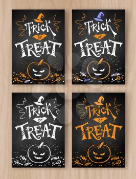 Trick or Treat Halloween postcard chalked designs collection with lettering, pumpkin and candies on wood background.