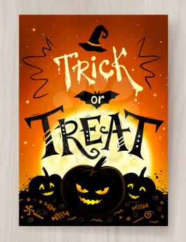 Trick or Treat Halloween postcard design with lettering, pumpkins and moonlight on orange night sky on wood background.