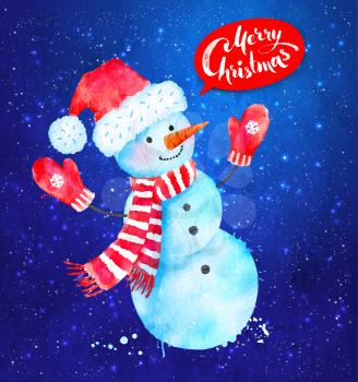 Vector Christmas watercolor illustration of Snowman wearing santa hat, scarf and mittens with paint splashes isolated on blue glowing festive background.