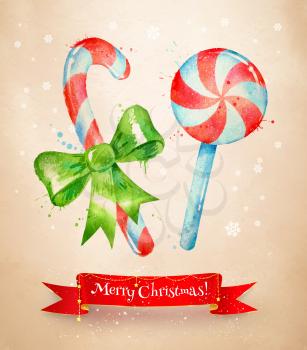 Christmas vintage vector watercolor postcad with candies and red ribbon banner