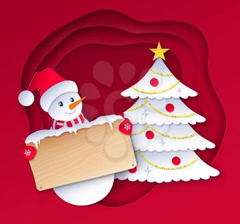 Vector paper cut style illustration of cute Snowman character with wooden signboard on Christmas Tree background.