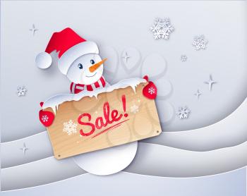 Vector paper cut style illustration of cute Snowman character with sale wooden signboard on snowdrifts and snowflakes background.