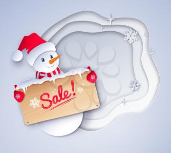 Vector paper cut style illustration of cute Snowman character with sale wooden signboard on white layered shapes banner and snowflakes background.