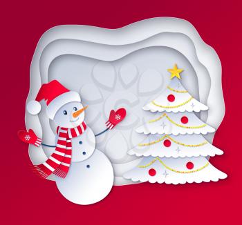 Vector cut paper art style illustration of Snowman wearing santa hat on Christmas tree and layered banner background.