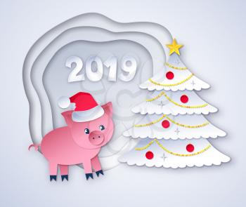 Vector cut paper art style illustration of 2019 New Year tree and cute pig character wearing santa hat on layered banner background.