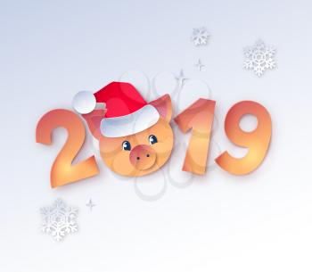 Vector cut paper art style illustration of gold colored 2019 New Year numbers lettering with cute piggy face in Santa hat.