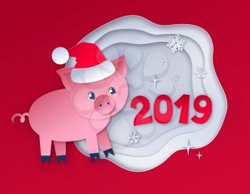 Vector cut paper art style illustration red colored postcard of New Year Pig and 2019 numbers on white layered shapes banner background.