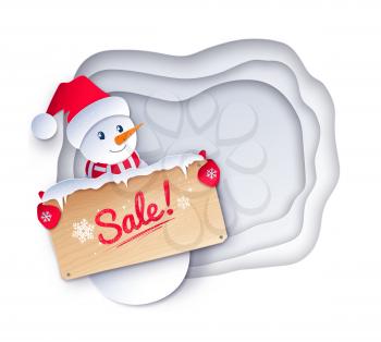 Vector paper cut style illustration of cute Snowman character with sale wooden signboard on white layered shapes banner background.