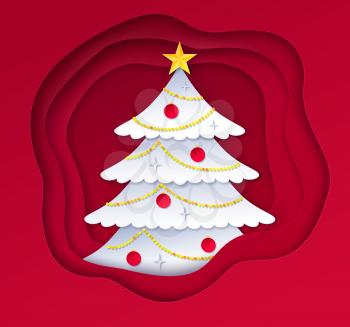 Vector illustration of decorated fir tree on red paper cut layered shapes banner background.