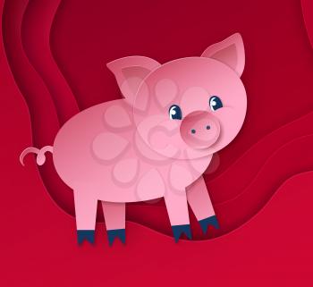 Vector paper cut style postcard with cute New Year Pig character on red layered background.