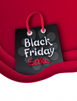 Cut paper art style illustration of shopping bag with Black Friday lettering.