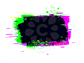 Vector illustration of brush strokes banner with glitch rgb magenta and green colors effect on white backgound.